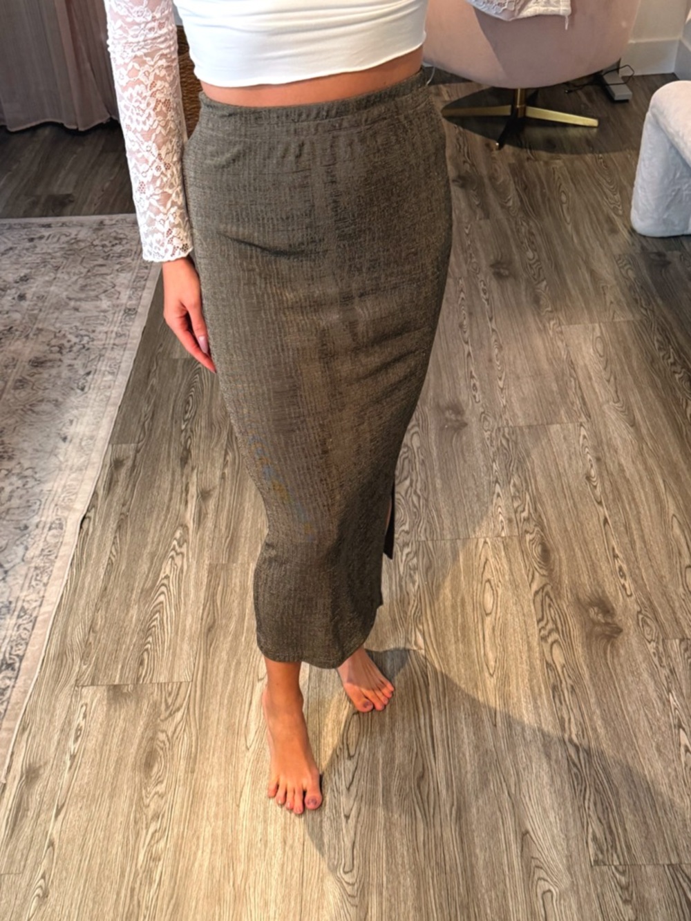 High-Rise Midi Pencil Skirt in Olive Brown